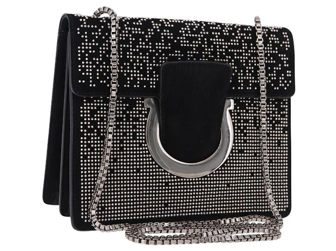 Borsa a tracolla Salvatore Ferragamo Gancini Chain in pelle nera e argento Auth 195321A Nero