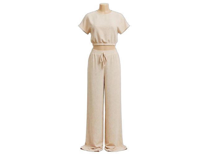 Massimo Dutti Conjunto de crop top e calças largas bege