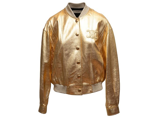 Céline Gold Celine Metallic Leather Bomber Jacket Size FR 36 Golden
