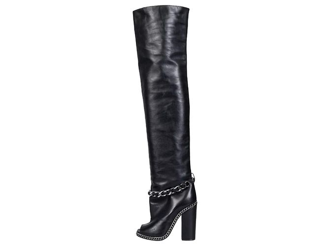 Balmain Black Leather Open-Toe Over-the-Knee Boots Sz.38 Pre-owned