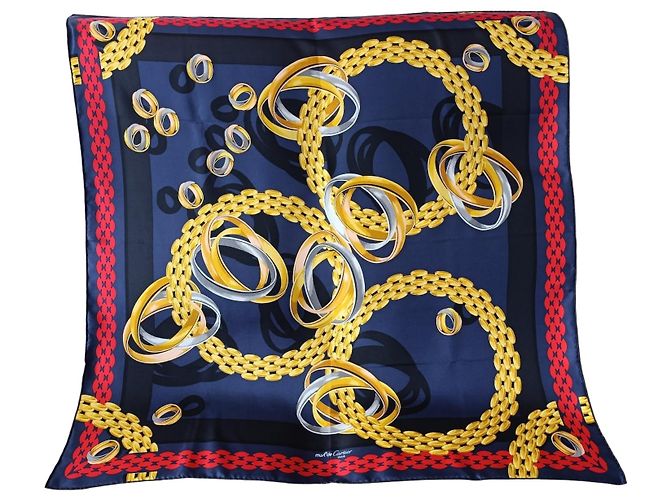 Lenço de seda Must de Cartier Branco Vermelho Azul Dourado