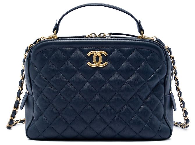 Borsa Vanity Chanel Blue Medium CC Quilted Lambskin con manico e catena Blu navy