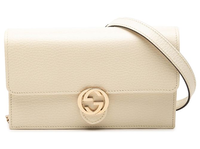 Carteira de corrente Gucci em couro de bezerro Dollar marrom com G entrelaçados Bege