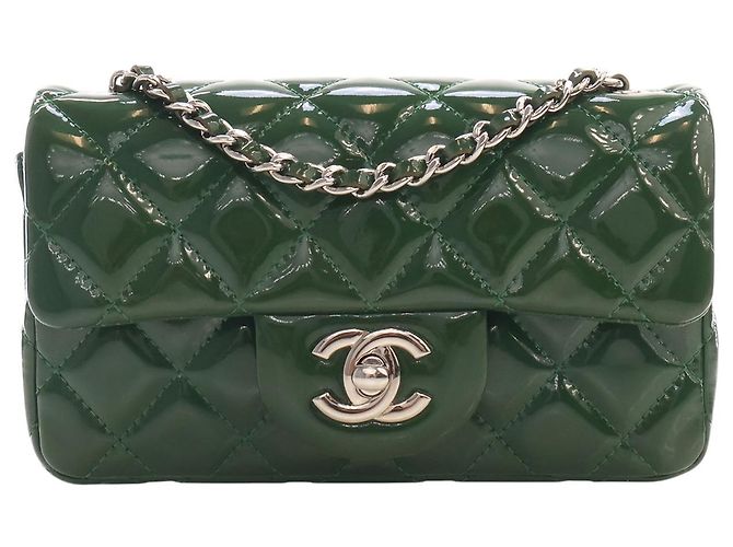 Chanel Green Extra Mini Rectangular Classic Patent Single Flap Verde Verde escuro