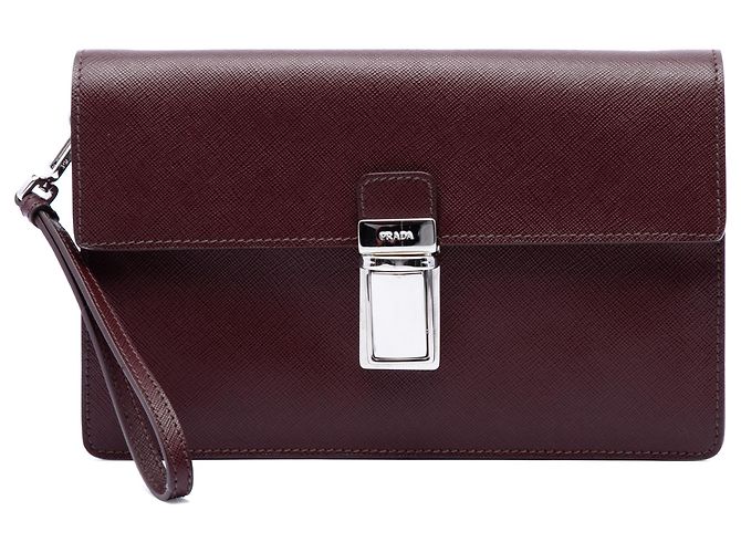 Clutch Prada Red Saffiano Push Lock Rosso Bordò