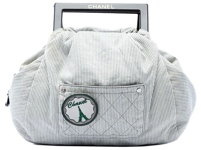 Bolsa Chanel Coco Paris em lona riscada cinza Marrom