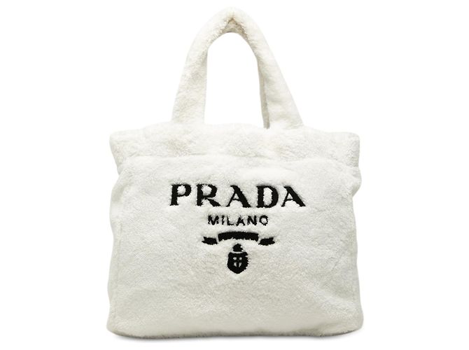 Prada White Spugna Terry Cloth Logo Tote Weiß