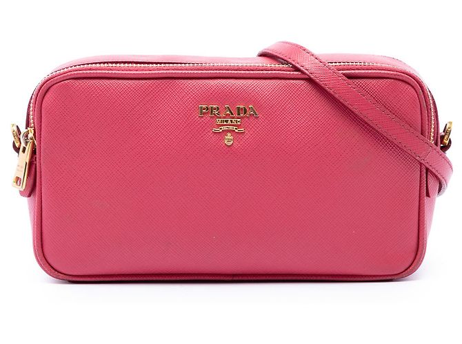 Prada Mini Bolsa Camera Double Zip em Saffiano Rosa