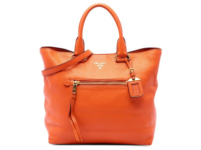 Sac cabas convertible ouvert Prada Orange Vitello Daino avec poche frontale
