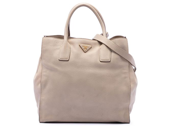 Prada Beige Vitello Daino Offene Convertible Tote