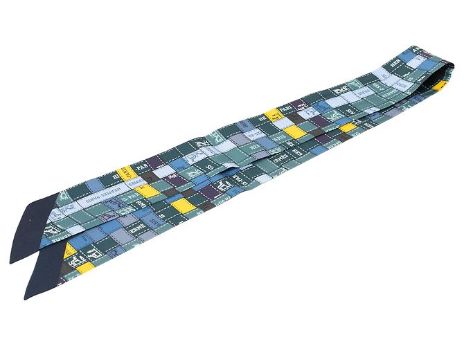 Lenço Twilly de seda Hermès Blue Bolduc Au Carre Azul