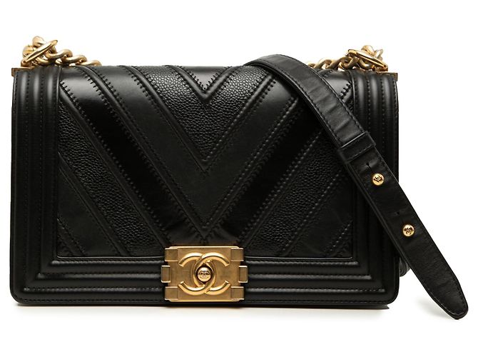 Chanel Black Old Medium Chevron Mixed Leather Boy Flap Noir