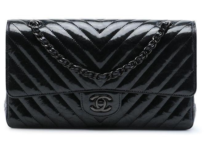 Chanel Black Medium Classic Chevron Patent So Black Double Flap Preto
