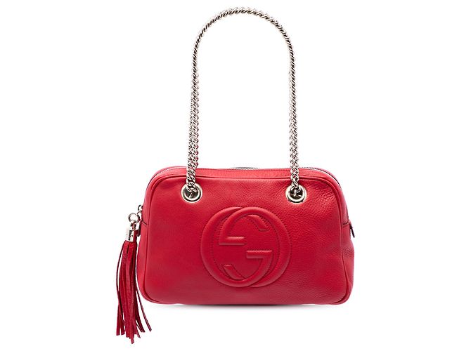 Bolsa de Ombro Gucci Soho com Corrente e Zíper em Couro de Bezerro Vermelho