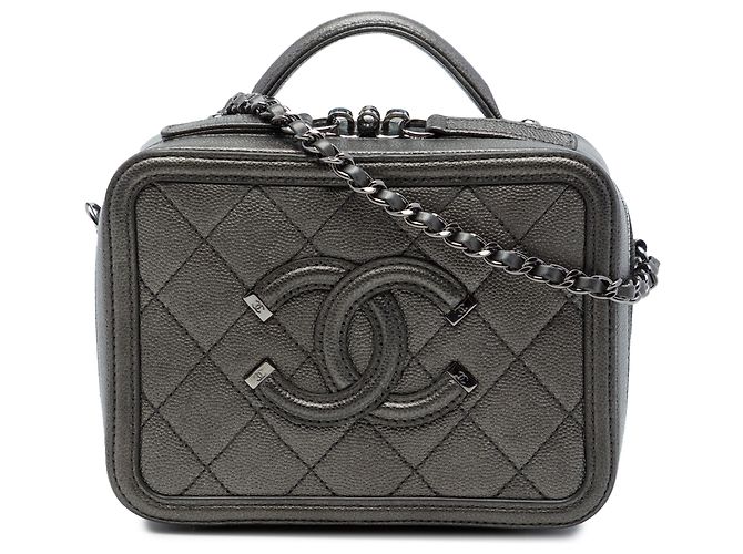 Chanel Vanity Case Small Metallic Caviar CC Filigree Gris Marron Gris anthracite