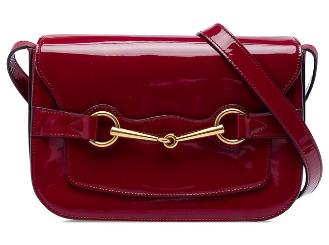 Bolsa Tiracolo Gucci Red Patent Bright Bit com Aba Vermelho Bordeaux