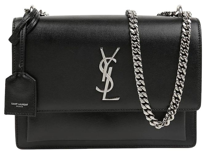 Saint Laurent Borsa a tracolla Sunset Medium in pelle liscia con catena Nero Argento