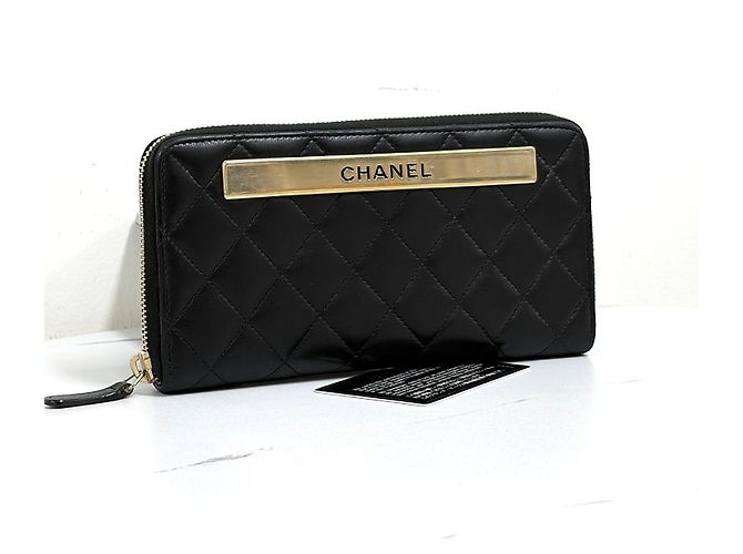 Chanel Logo Zip Long Wallet Black