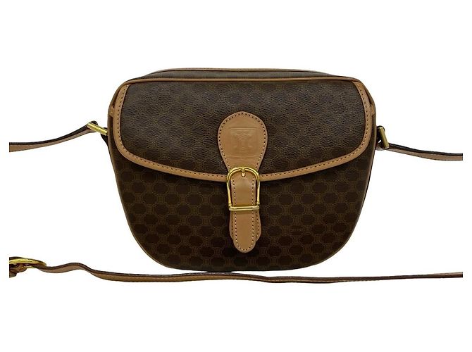 Céline Celine Vintage Macadam Blazon Pattern Triomphe Leather Shoulder Bag Brown