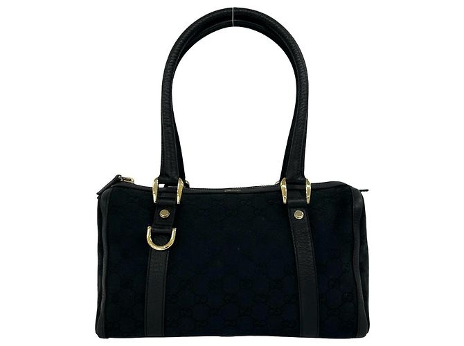 GUCCI GG Logo Pattern Canvas Leather Handbag Black