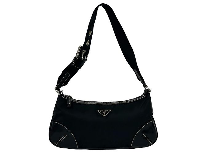 Bolsa de ombro Prada em nylon Tessuto e couro com placa de logo triangular Preto