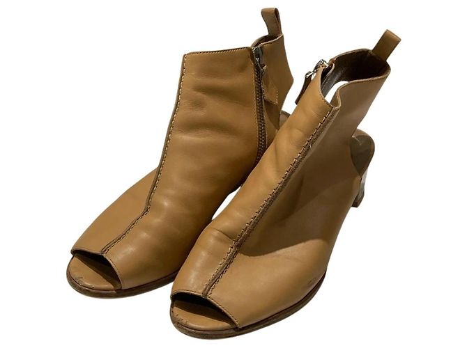 Hermès Hermes Tan Leather Peep-Toe Ankle Boots with Silver Block Heels Brown