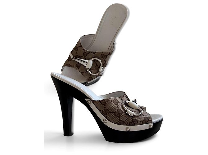 Mules con platform Gucci Monogram Horsebit Marrone Bianco 