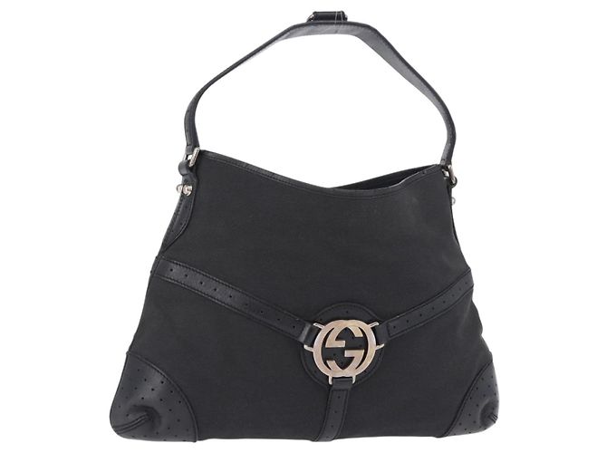 Bolsa de Ombro GUCCI Interlocking Canvas Black Silver 114879 Auth am12452A Preto Prata