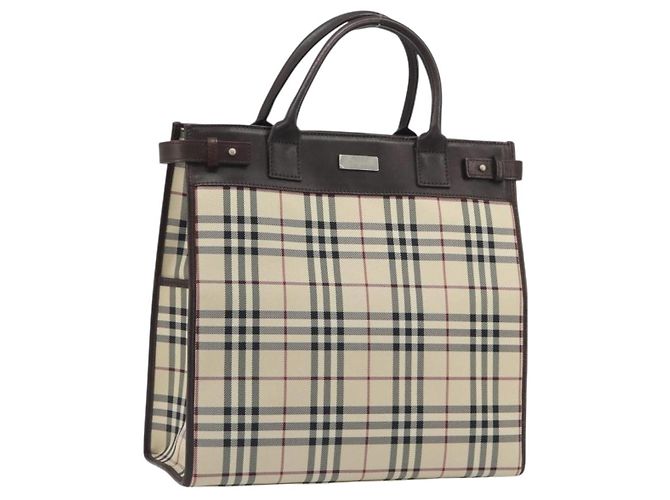 Bolsa de mão BURBERRY Nova Check Canvas Beige Silver Auth 198650 Prata Bege