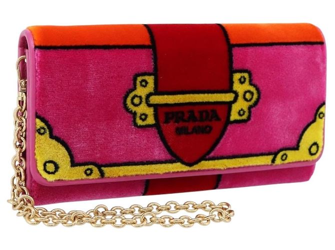 PRADA Long Wallet Velor Red Gold Auth 197223M Golden