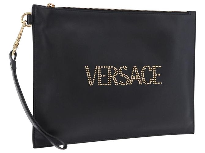 Bolsa de mão VERSACE em couro preto e dourado Auth BA15138A