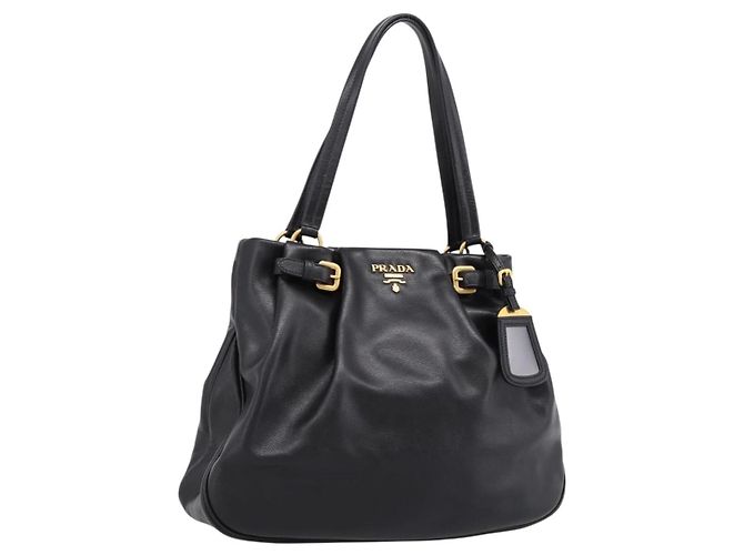Saco Tote PRADA em pele de vitela Preto Ouro Auth am12245SAM Dourado