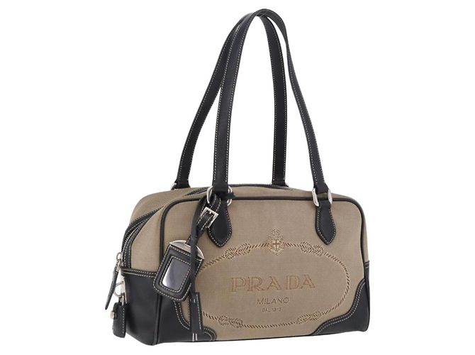 Borsa Tote PRADA Canvas Beige Silver Auth 197022A Argento