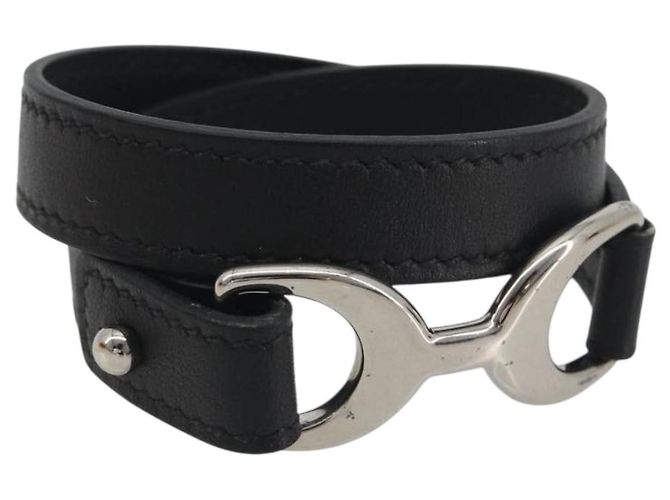 Hermès Bracciale HERMES Papan Pelle Nero Argento Auth 195944M