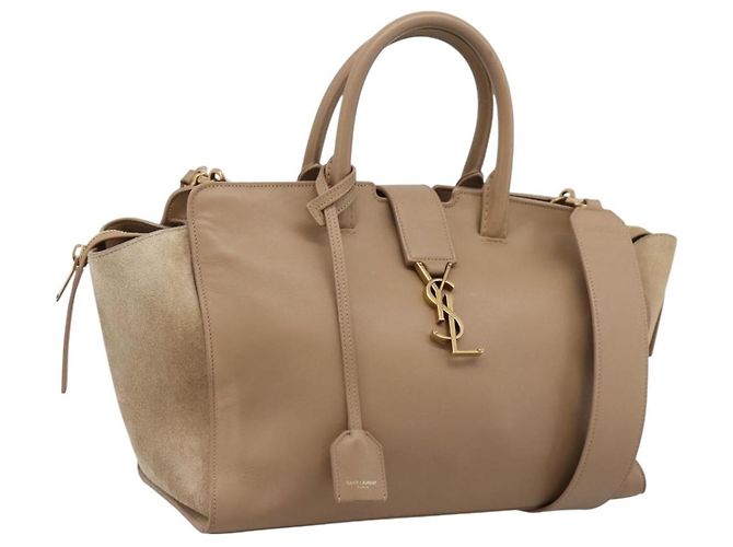 SAINT LAURENT Downtown Cabas Handtasche Leder 2way Beige Gold Auth 197207V Golden