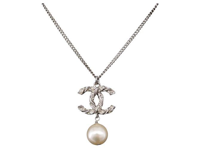 Collana CHANEL COCO Metallo Argento CC Auth 198854V