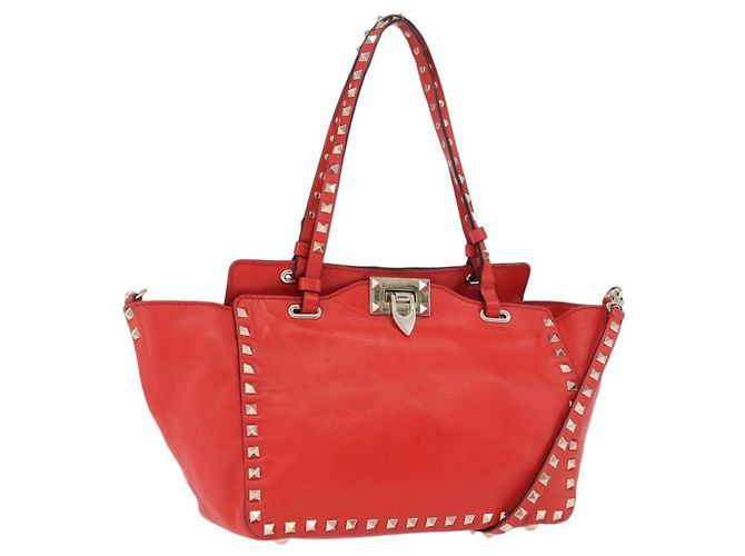 VALENTINO Studs Tote Bag aus Leder 2way Rot Goldfarben Auth BA14871