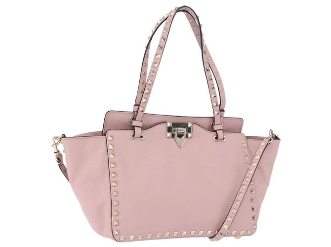 Saco Tote VALENTINO Studs em couro 2way Rosa Tom Dourado Auth BA14769