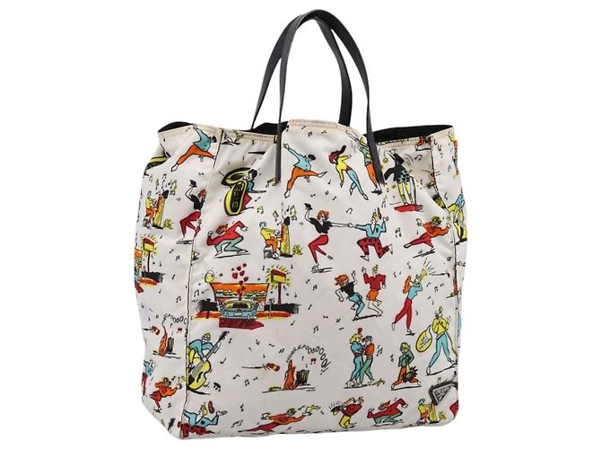 PRADA Tote Bag Nylon Ivory Black Auth 198485A Schwarz Roh