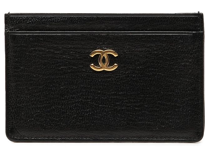 Tarjetero Chanel CC de piel de becerro granulada negra Negro