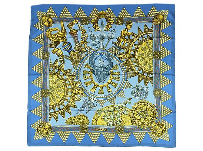Pañuelo de seda Hermès L Or Des Chefs Azul 90