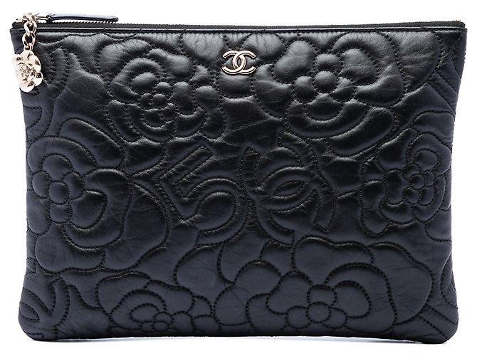 Black Chanel Medium CC Embossed Lambskin Camellia No 5 O Case Clutch Schwarz 