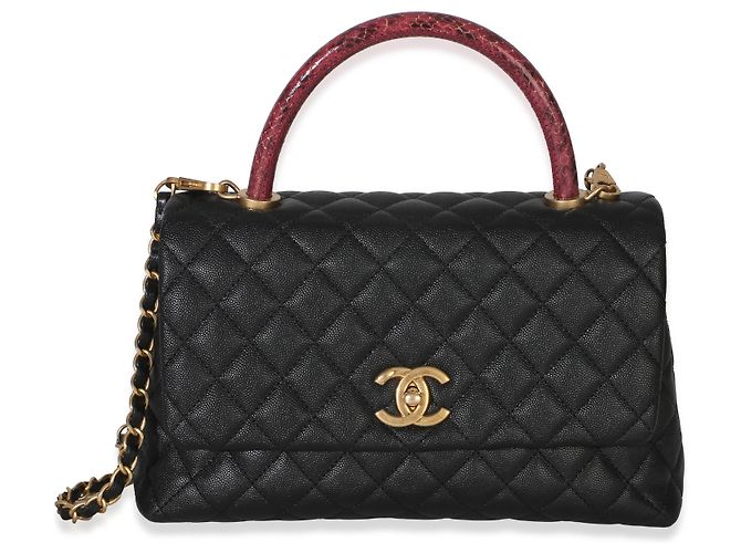 Gabrielle Borsa Chanel Medium Coco Top Handle in pelle caviar matelassé nera e lucertola Nero