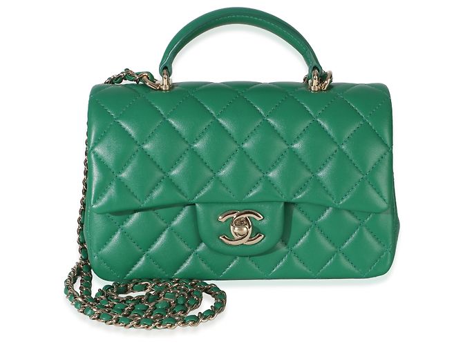 Gabrielle Bolsa Chanel Mini Top Handle Rectangular Flap em pele de cordeiro acolchoada verde