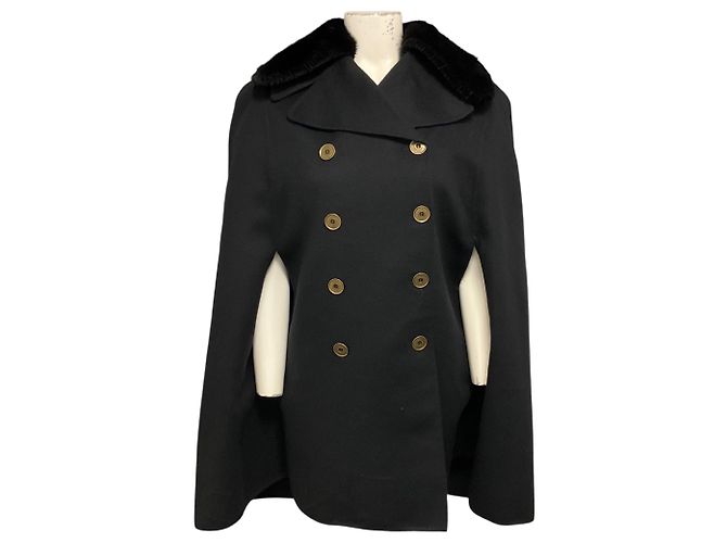 Fendi Black Double Breasted Wool Cape Coat with Mink Fur Collar