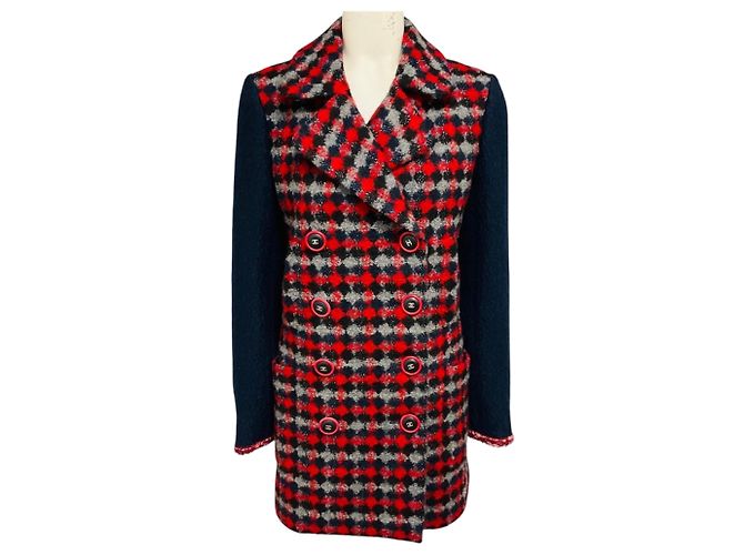 Chanel Red / Navy Blue Multi 2017 Double Breasted Wool Tweed Coat with CC Logo Buttons Multiple colors