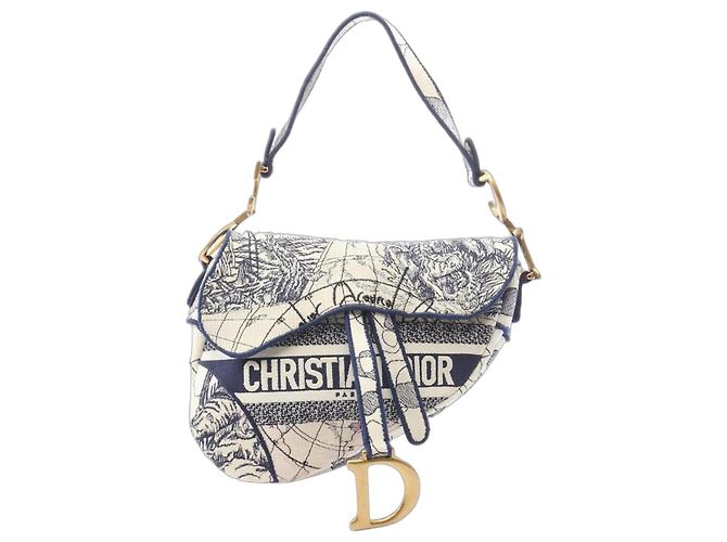 Dior Bolsa Saddle Toile De Jouy creme e azul Cru