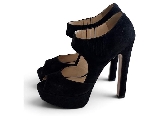 Double Prada Black Suede Platform Peep-Toe Heels