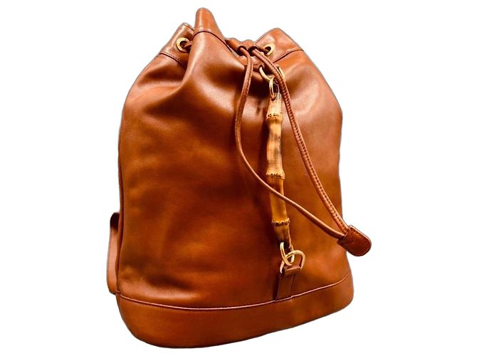 Gucci Zaino in pelle camel/cognac con manico in bambù Cammello