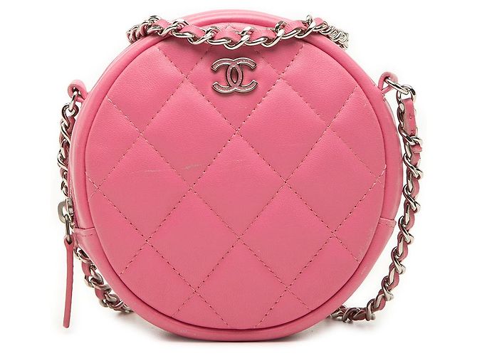 Clutch rotonda Chanel Pink CC in pelle d'agnello matelassé con catena Rosa